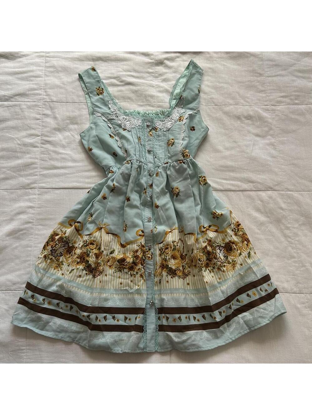 Axes Femme Mint Blue Green Floral Sundress Lace Rose Basket Print M Japan